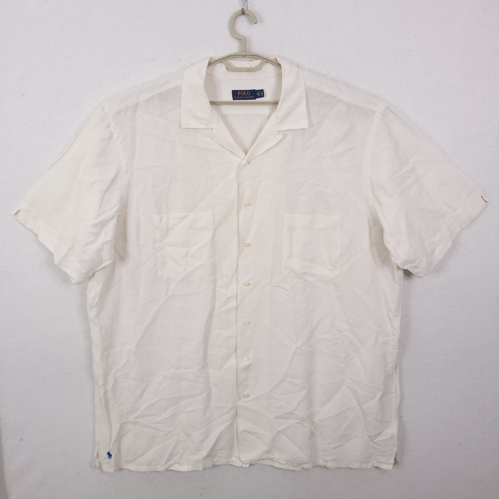 Polo Ralph Lauren Button Up Shirt Mens 2XLT White Linen Silk Camp Collar Pony